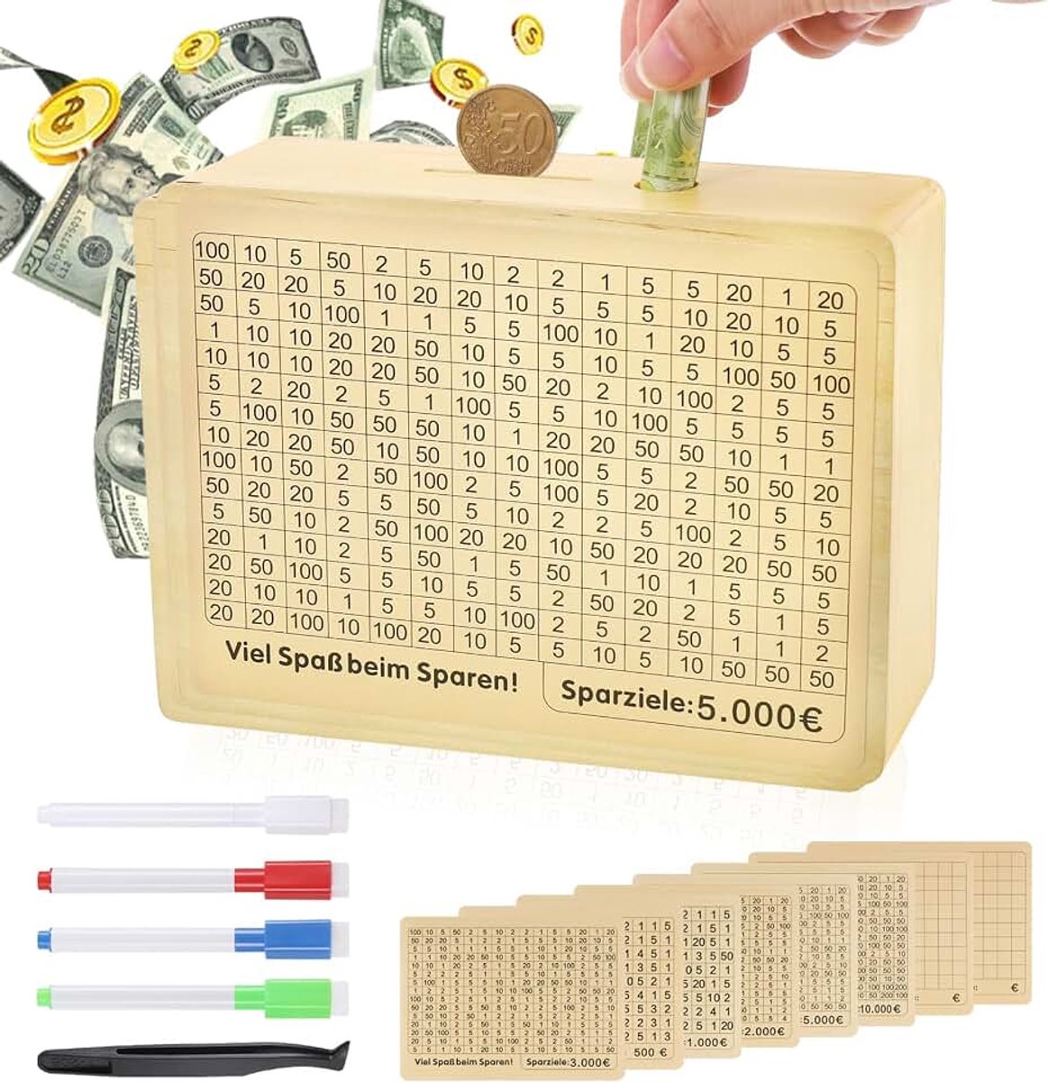 Spaarpot (houtkleur), Spaarbox met 4 Markers en Wisser, 10000 Spaaruitdaging Box met - Doel, Waarde Kluis Spaarbox voor Kinderen en Volwassenen, Herbruikbare Spaarbox