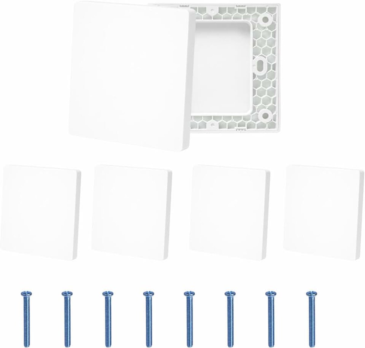 Blinde afdekking stopcontact set van 4, 86 x 86 mm inbouw wandplaat kunststof, schroefloze blanco afdekplaat wit, afdekking voor ongebruikte schakeldozen