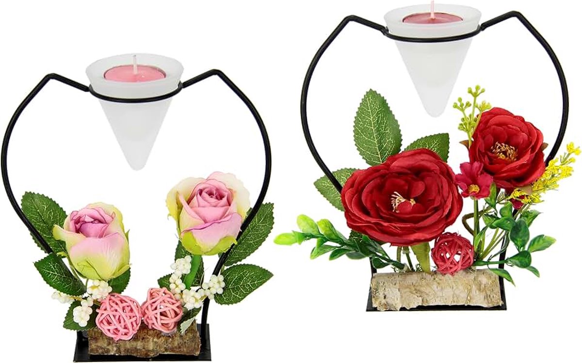 Theelichthouder van metaal met glazen inzet theelichtkaars en kunstbloemen kandelaar kandelaar tafeldecoratie kaarsen advent Pasen Moederdag Valentijnsdag bruiloft decoratie windlicht