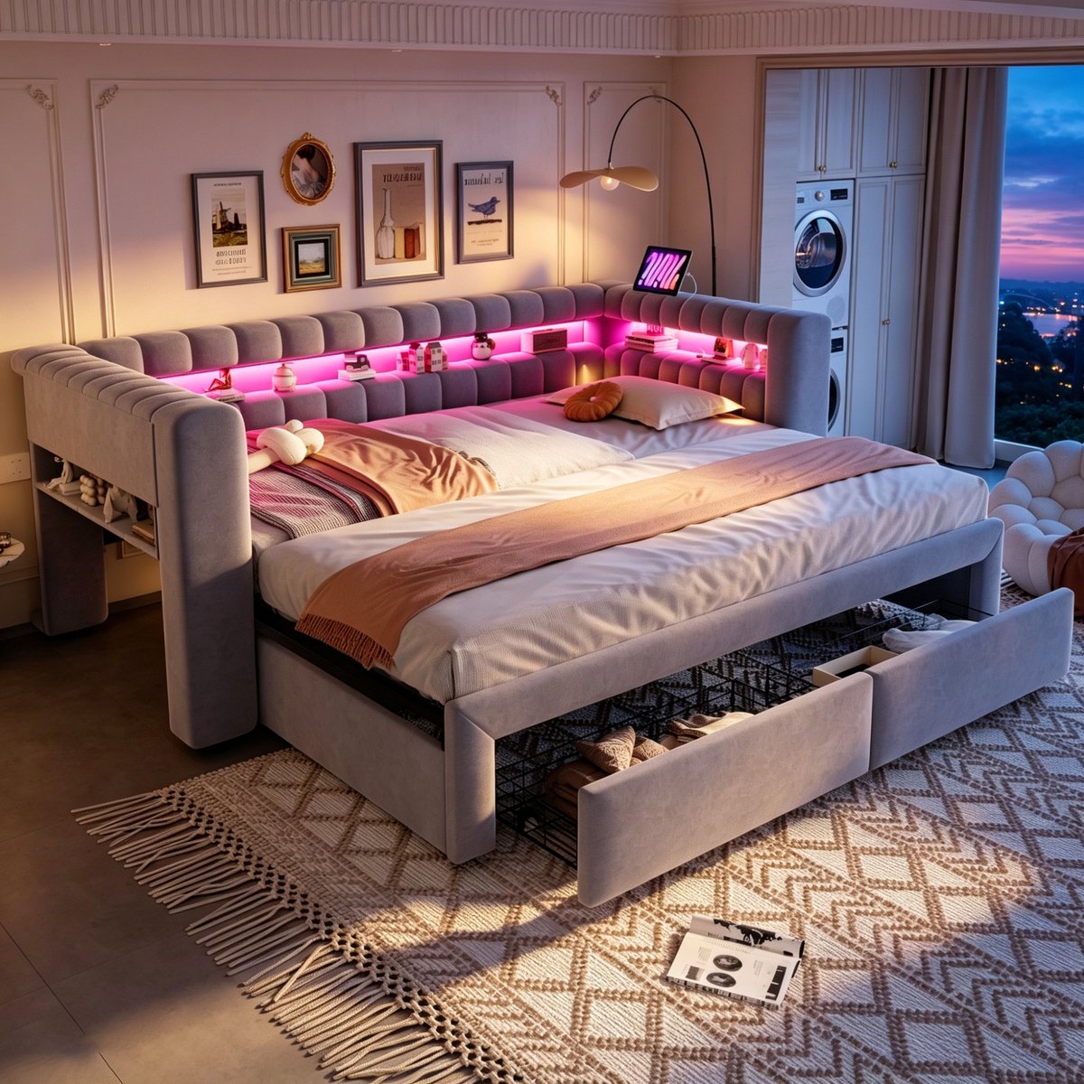 Zubaliya Kinderbed, Gestoffeerd bed slaapbank 90/180 × 190 cm, met uitschuifbed en lades, geïntegreerde opbergvakken, LED-verlichting, USB- en Type-C-aansluitingen, fluwelen stof lichtgrijs