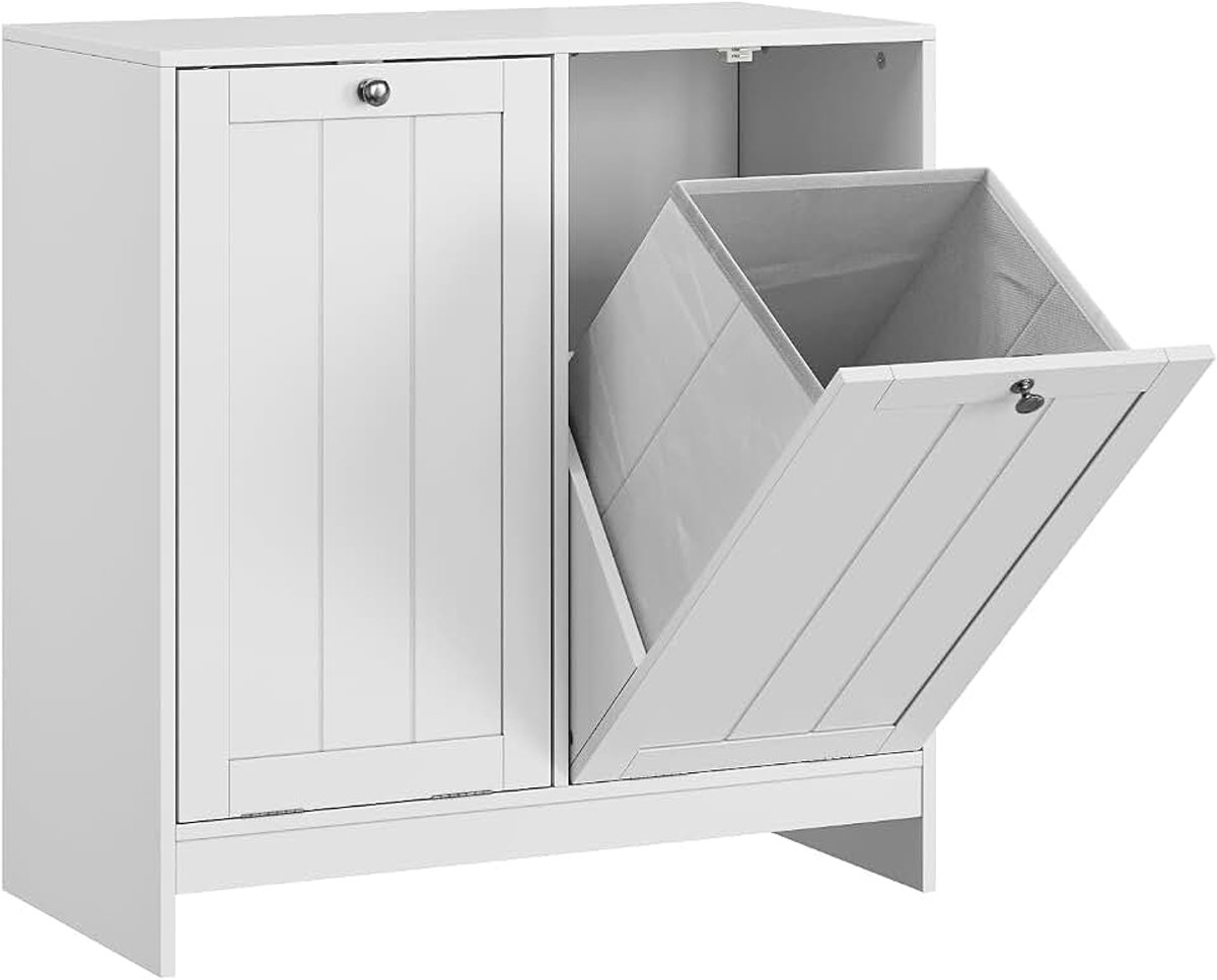 Mandkast met 2 manden, 45 liter verborgen vuilnisbak voor keuken, houten badkameropslagkast, wit