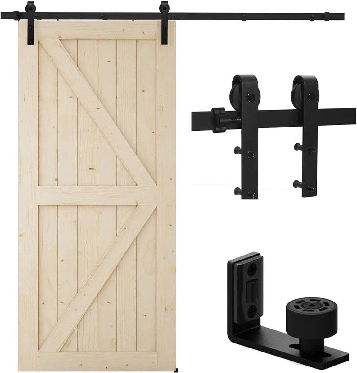8FT/243cm Schuifschuurdeurset met vloergids, zware schuurdeur zwart trackkit passend enkele houten deur, J vorm Hanger