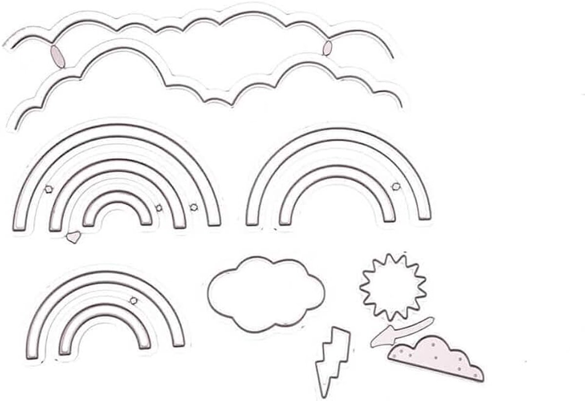 Set regenboog en wolken, stansen weer, zon, scrapbooking, kaarten maken, doe-het-zelf, reliëfsjablonen, papieren kaarten, snijden dit