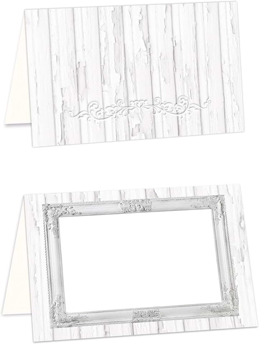 100 stuks kleine shabby grijs wit frame feestelijke blanco plaatskaarten naambordjes zitkaarten plaatskaarten naamkaartjes edel tafelstandaard buffet belettering - met elke pen beschrijfbaar