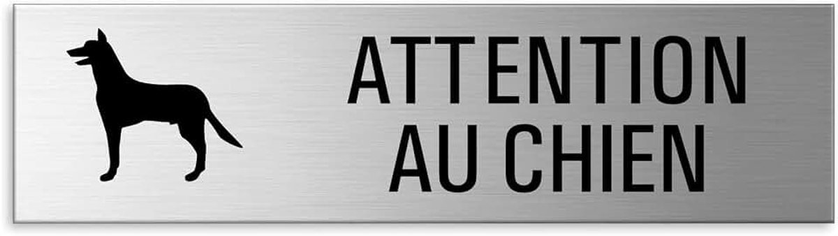 Let op de hond, 150 x 40 mm, geborsteld aluminium, zelfklevend, roestvrij staal look