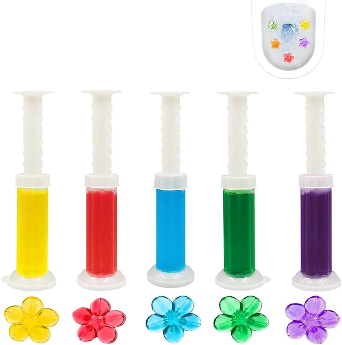 5 stuks toiletgelstempel, wc-reiniger, stempelgel met bloemengeur, inclusief dispenser, toiletpot, reinigingsstempel, navulling, versheidszegel voor toilet