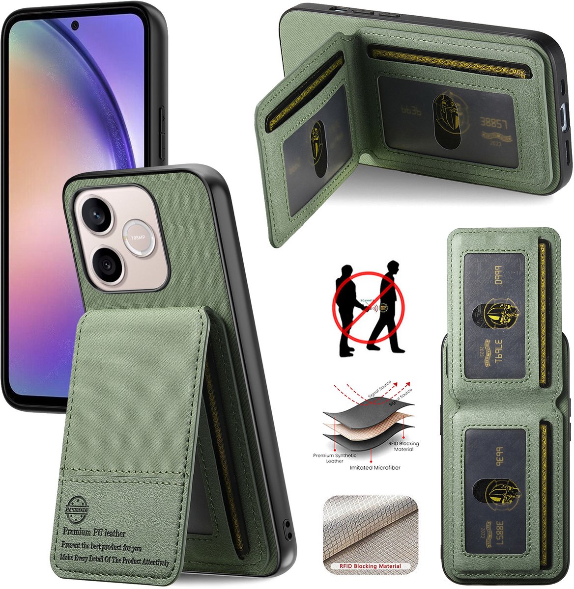 Luxe Backcover met Anti-RFID Kaarthouder en Standaardfunctie voor Honor 600 / 600 Pro _ Groen