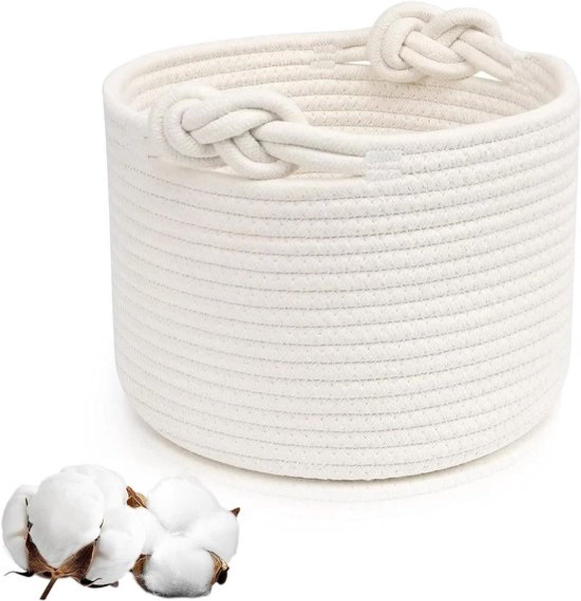 Opbergmand van katoen met handvat, organisatiemand voor speelgoed, badkamer en slaapkamer, 24×18 cm (Wit)
