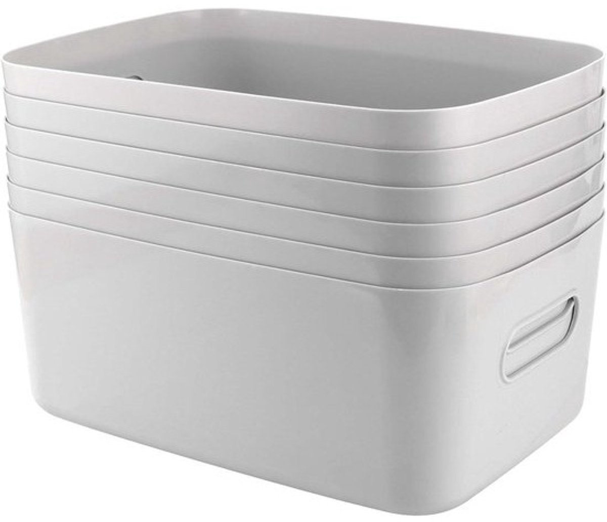 Set van 6 grijze plastic opbergmanden 30x20x12cm - Stapelbaar met handvatten
