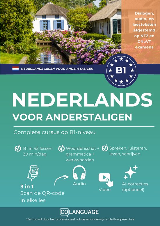 Afbeelding van een cursus Nederlands B1 voor anderstaligen. Met tekst en iconen voor audio, video en QR-code.