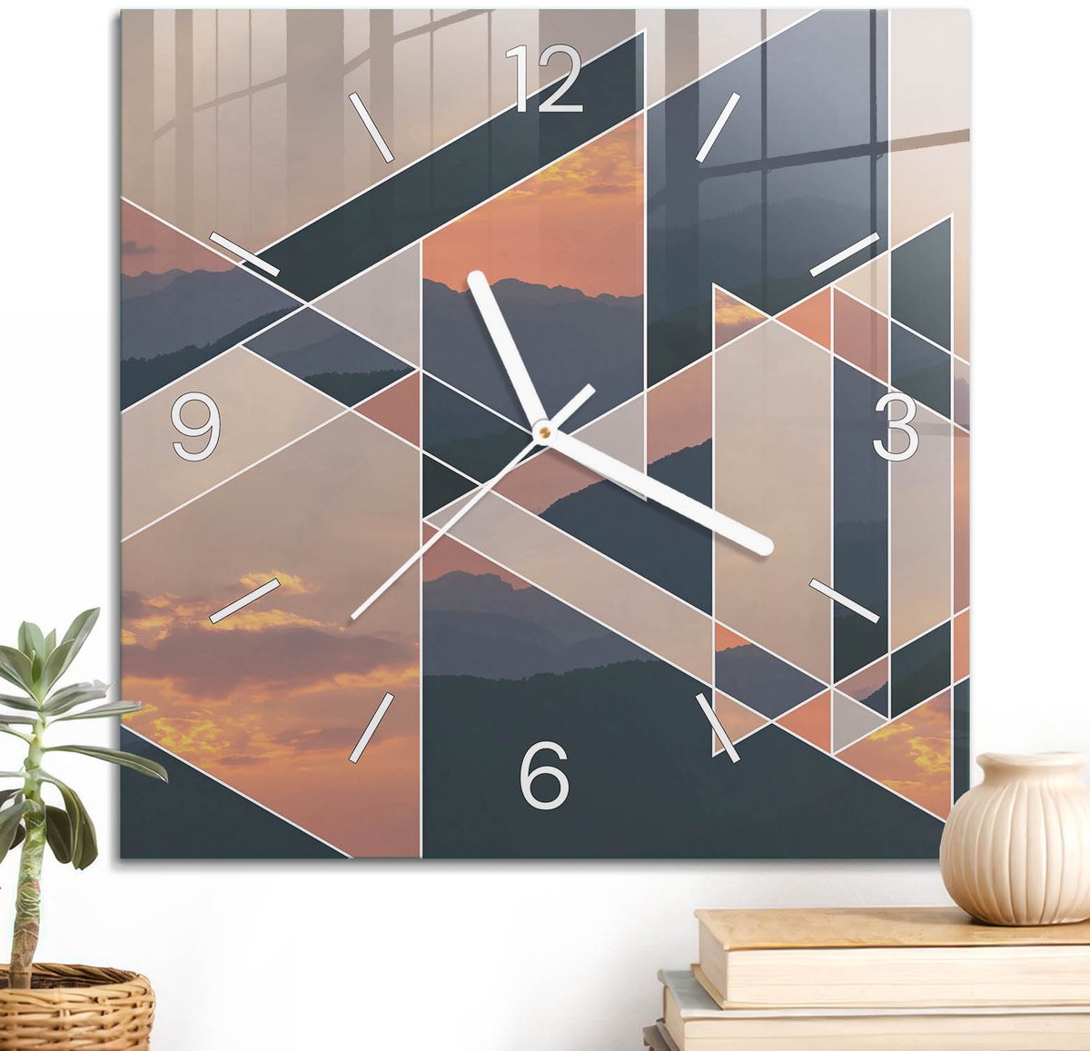 ArtPrintCave Oranje Glazen Klok - 30x30 cm - Wandklok Vierkant - Geometrisch Landschap Stille Wandklok - Abstractie Wandklok Keuken - Witte Klokwijzers