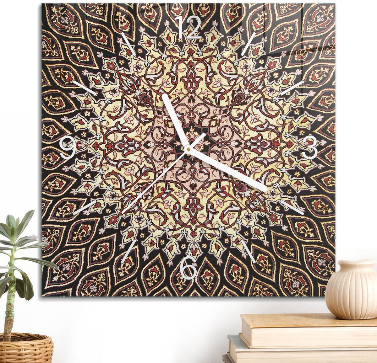 ArtPrintCave Zwart Glazen Klok - 30x30 cm - Wandklok Vierkant - Oosterse Symmetrie Unieke Klok - Kunst Stille Wandklok - Witte Klokwijzers