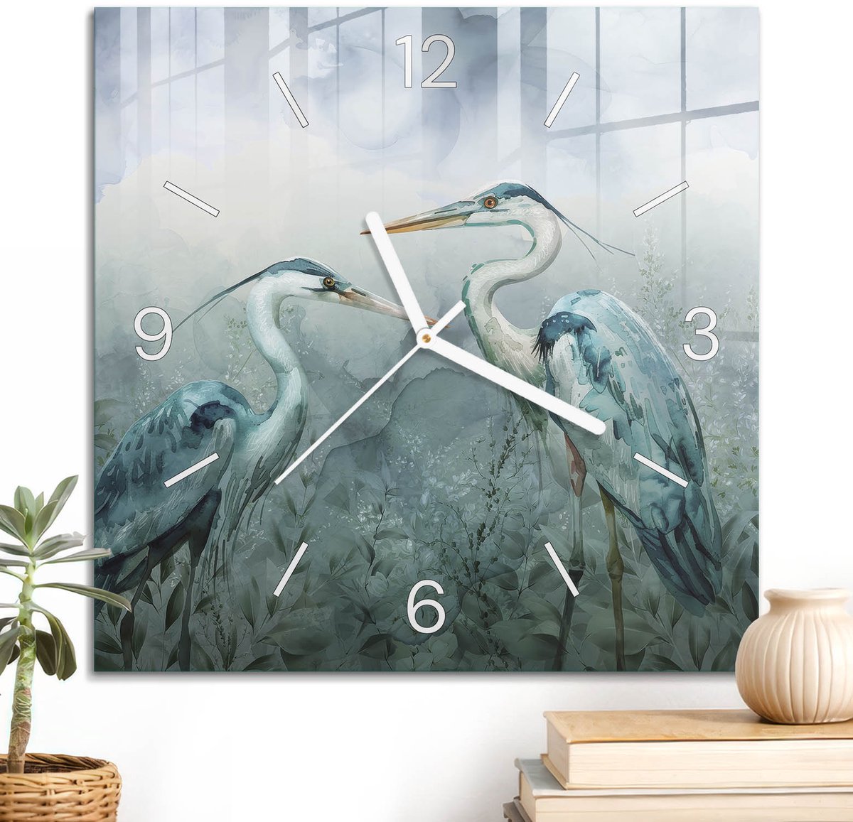 ArtPrintCave Blauw Glazen Klok - 30x30 cm - Wandklok Vierkant - Vogels Natuur Stille Wandklok - Natuur Wandklok Keuken - Witte Klokwijzers