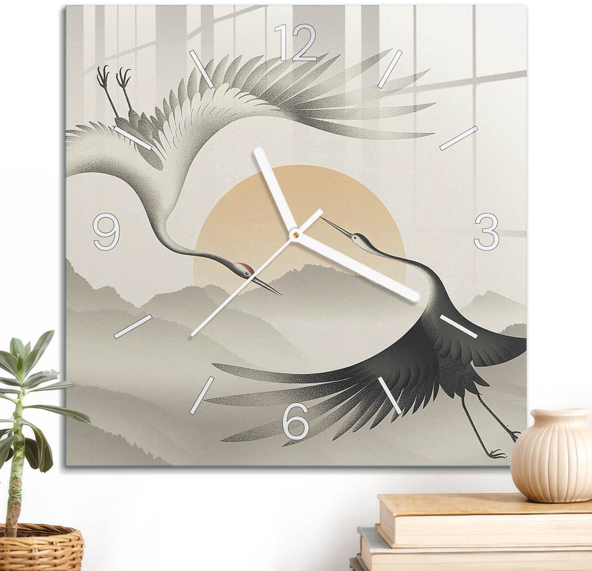 ArtPrintCave Grijs Glazen Klok - 30x30 cm - Wandklok Vierkant - Bergkraanvogels Stille Wandklok - Dieren Wandklok Keuken - Witte Klokwijzers