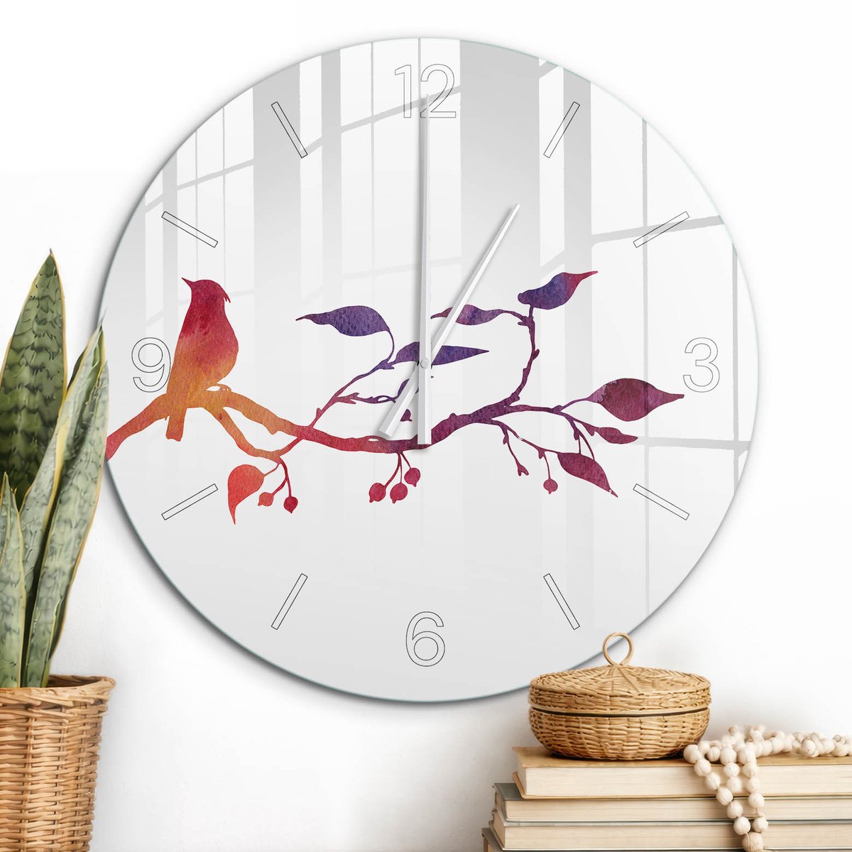 ArtPrintCave Wit Glazen Klok - Wandklok 60 cm - Muurklok Rond - Aquarel Vogel Wandklok Keuken - Natuur Unieke Klok - Witte Klokwijzers