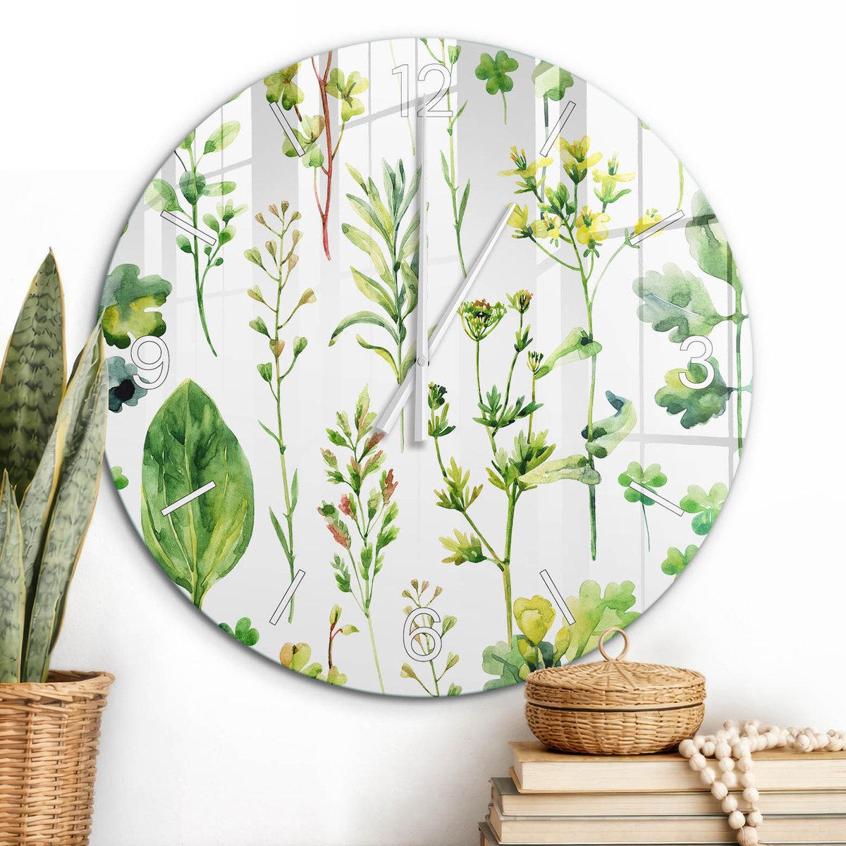 ArtPrintCave Groene Glazen Klok - Wandklok 60 cm - Muurklok Rond - Groene Planten Unieke Klok - Natuur Stille Wandklok - Witte Klokwijzers