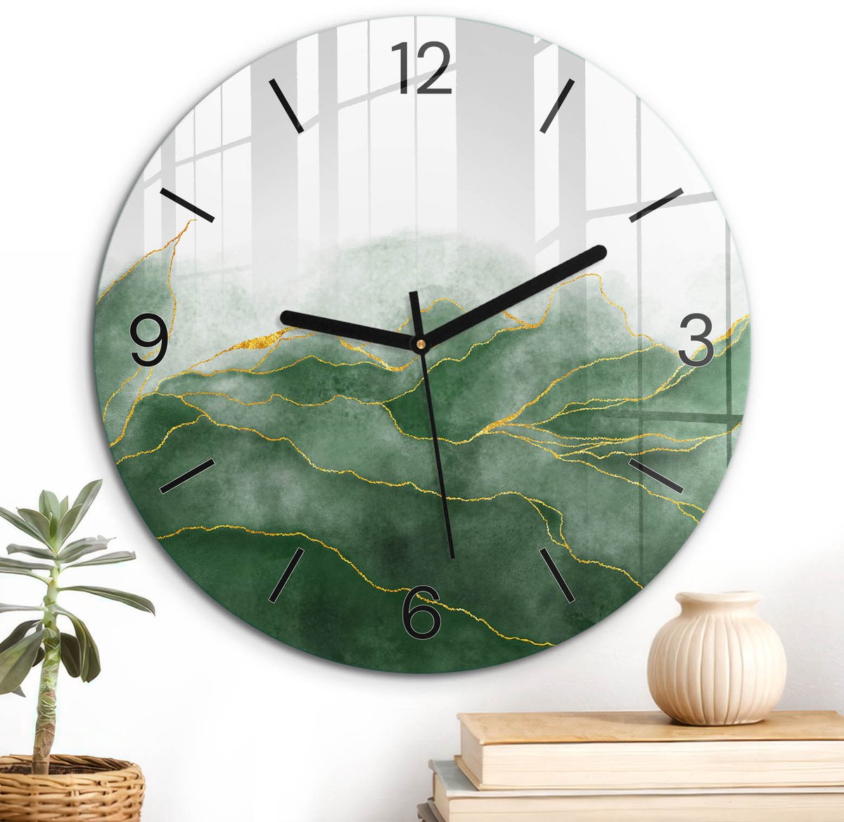 ArtPrintCave Groene Glazen Klok - Wandklok 30 cm - Muurklok Rond - Groene Bladeren Unieke Klok - Abstractie Stille Wandklok - Zwarte Klokwijzers