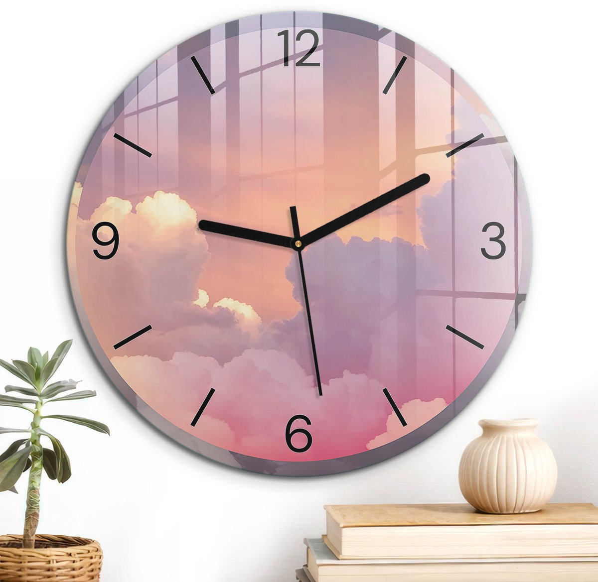 ArtPrintCave Roze Glazen Klok - Wandklok 30 cm - Muurklok Rond - Pastelkleurige Wolken Stille Wandklok - Abstractie Wandklok Keuken - Zwarte Klokwijzers