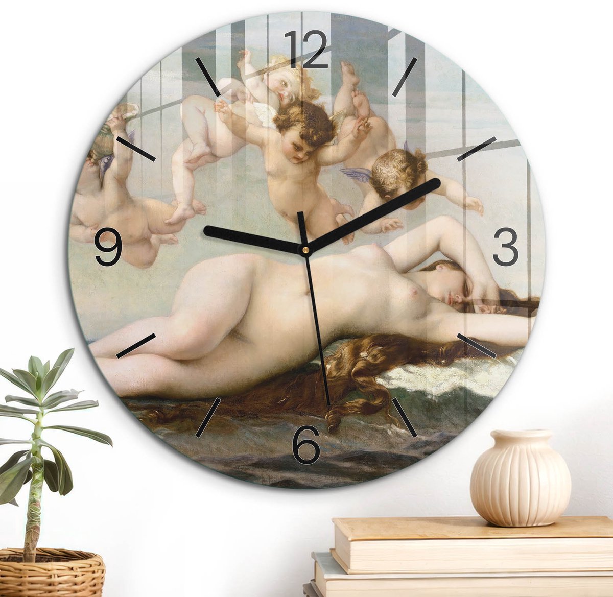 ArtPrintCave Beige Glazen Klok - Wandklok 30 cm - Muurklok Rond - Mythologische Scène Unieke Klok - Mensen Stille Wandklok - Zwarte Klokwijzers