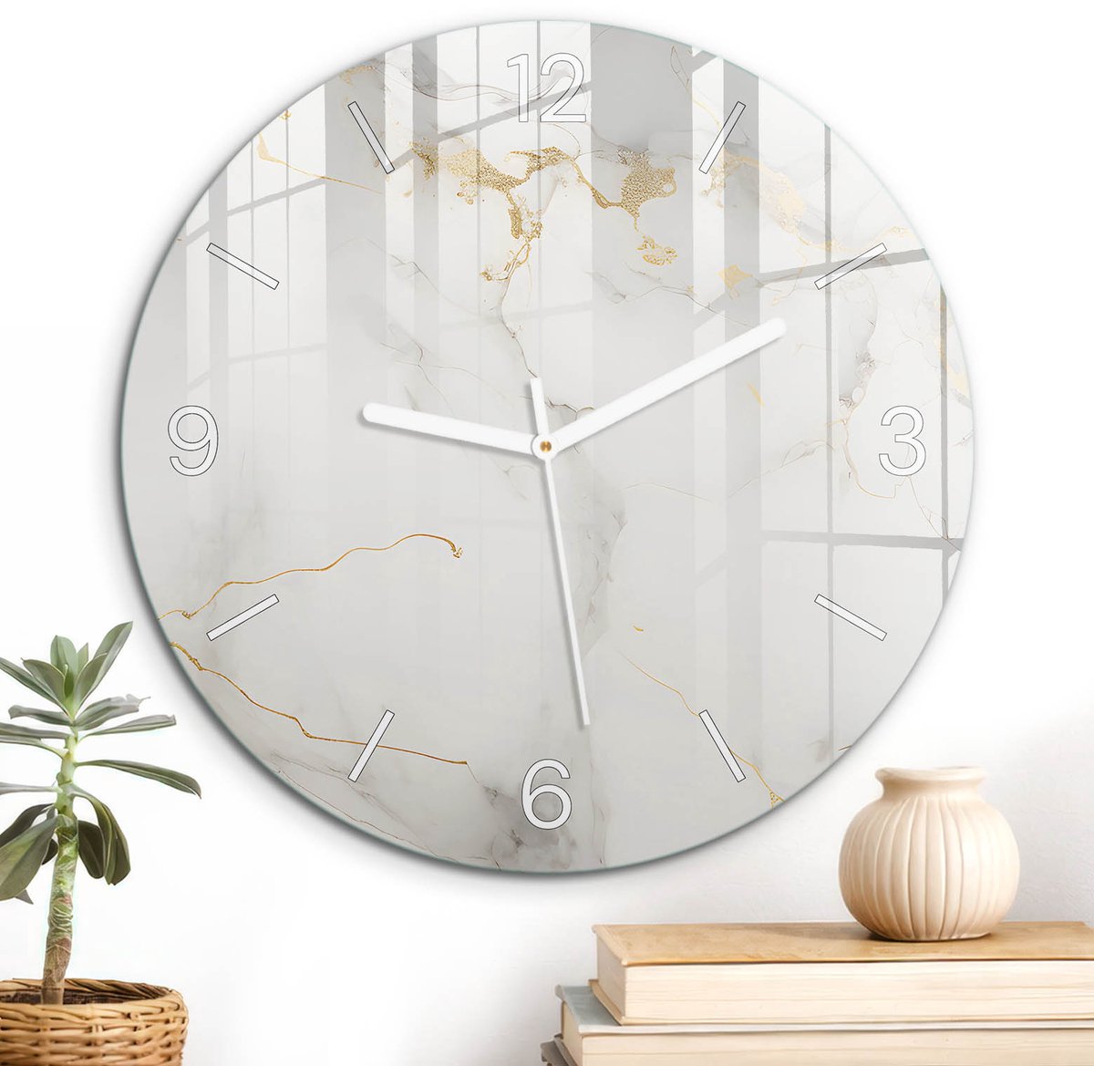 ArtPrintCave Wit Glazen Klok - Wandklok 30 cm - Muurklok Rond - Marmeren Elegantie Wandklok Keuken - Achtergronden En Patronen Unieke Klok - Witte Klokwijzers