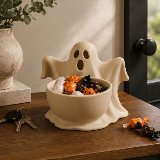 Wit spookje met kom vol met Halloween snoepjes. Sleutels liggen naast de kom op tafel.
