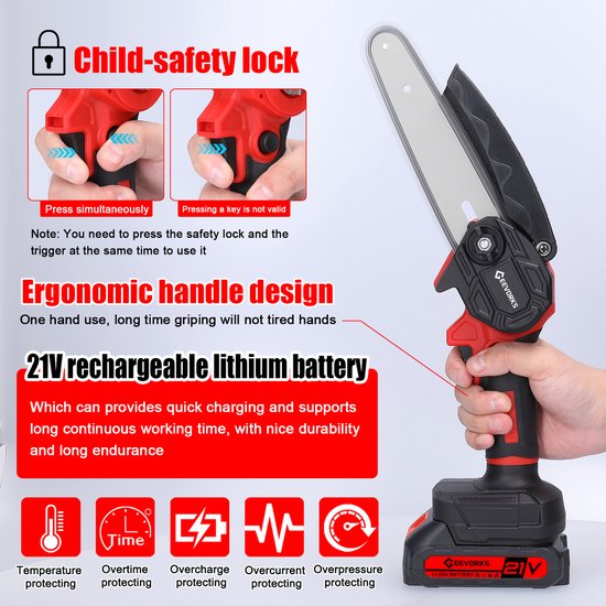 Mini accukettingzaag 6 inch 21V – draadloze snoeizaag – 2 accu's – 1300 mAh — afbeelding 3