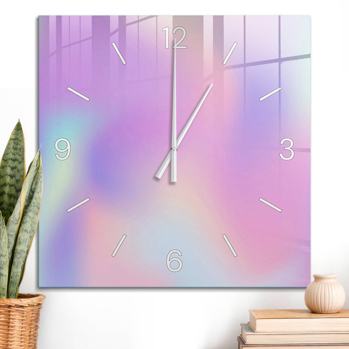 ArtPrintCave Paars Glazen Klok - 60x60 cm - Wandklok Vierkant - Pastelkleurige Golven Stille Wandklok - Achtergronden En Patronen Wandklok Keuken - Witte Klokwijzers