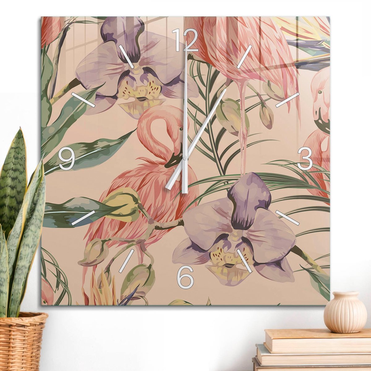 ArtPrintCave Roze Glazen Klok - 60x60 cm - Wandklok Vierkant - Tropische Elegantie Unieke Klok - Dieren Stille Wandklok - Witte Klokwijzers