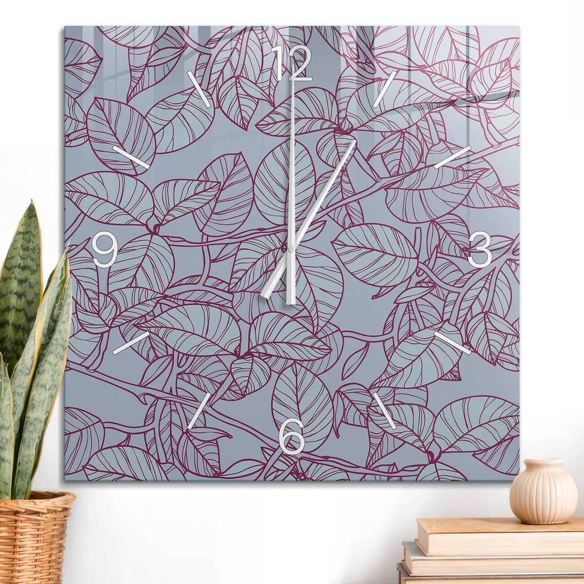 ArtPrintCave Grijs Glazen Klok - 60x60 cm - Wandklok Vierkant - Bladpatroon Wandklok Keuken - Bloemen En Planten Unieke Klok - Witte Klokwijzers