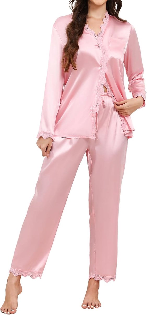 Lange mouwen zijden pyjama voor dames sets zachte satijnen knoopsluiting kanten rand loungewear met zakken