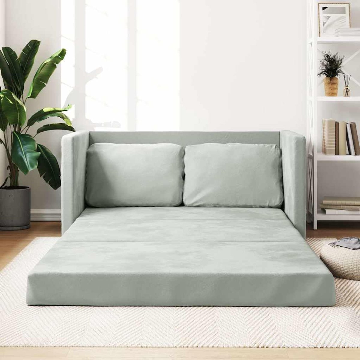 Vloerbank met slaapfunctie, lichtgrijs, 122 x 204 x 55 cm, fluweel, 2-in-1 zitgelegenheid, opvouwbaar, metalen frame, comfortabel zitkussen, woonkamer, slaapkamer, multifunctioneel