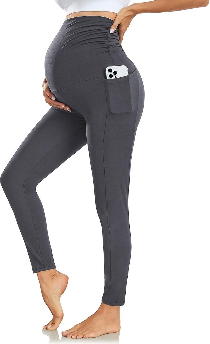 Zwangerschapslegging met Zakken - Over Bump Legging met Zachte Buikondersteuning Stretchy Zwangerschapsbroek voor Dames