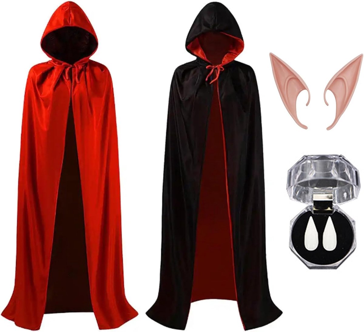 Halloween vampierskostuum met capuchon, voor volwassenen, cape, kostuum, rood, zwart, met capuchon, vampiertanden en vampieroren, voor heren en dames, carnaval, cosplay
