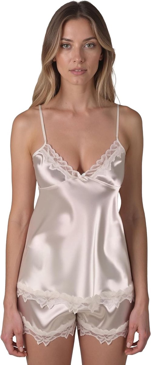 Damespyjama, satijn, tweedelig met kant, top en shorts, shirt met bandjes, V-hals, korte broek met kant en elastische tailleband, elegante nachtkledingset, ecru, M