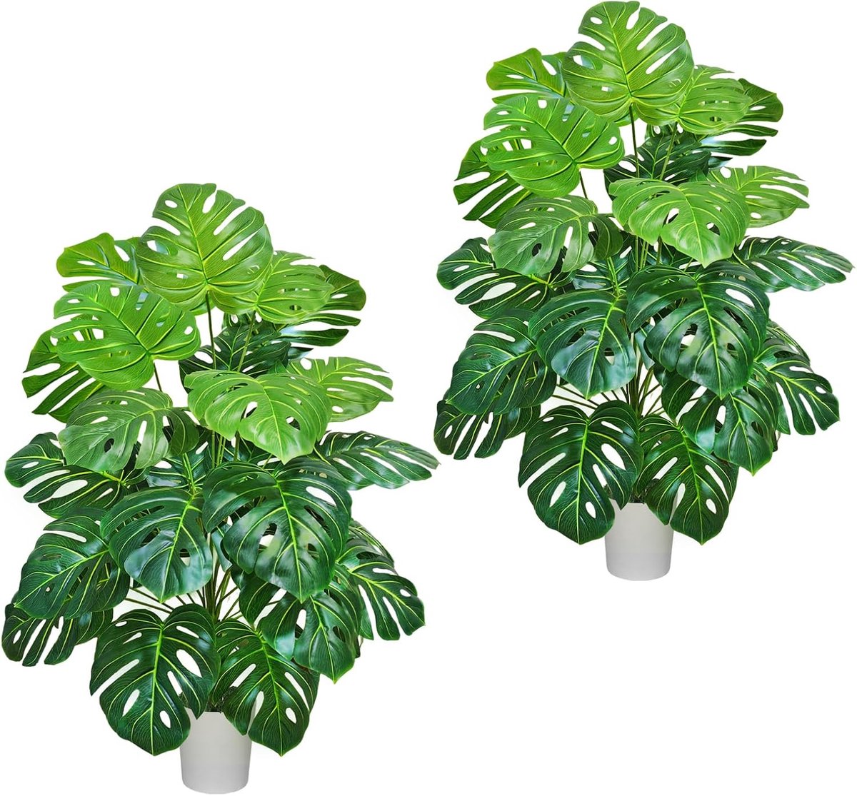 Kunstplanten, 2 stuks, 103 cm, 24 takken, Monstera kunstplanten, ziet eruit als echt, modern, voor woonkamer, badkamer, keuken en indoor decoratie (met witte kunststof bak)