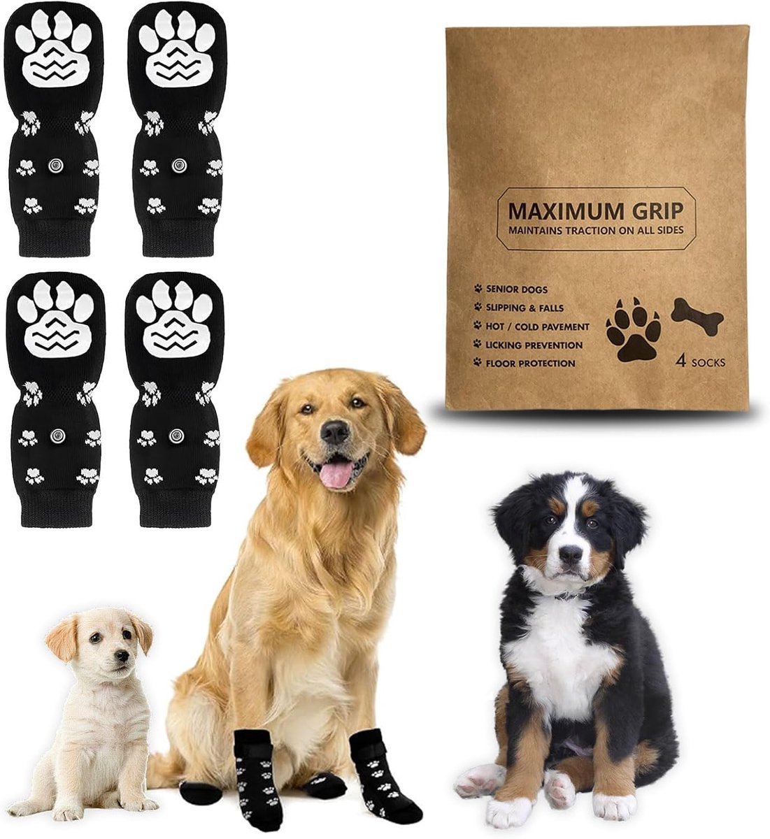 Set van 4 antislip hondensokken met verstelbare riem - Katoenen pootbescherming voor kleine en grote honden, binnen en buiten (zwart, S)