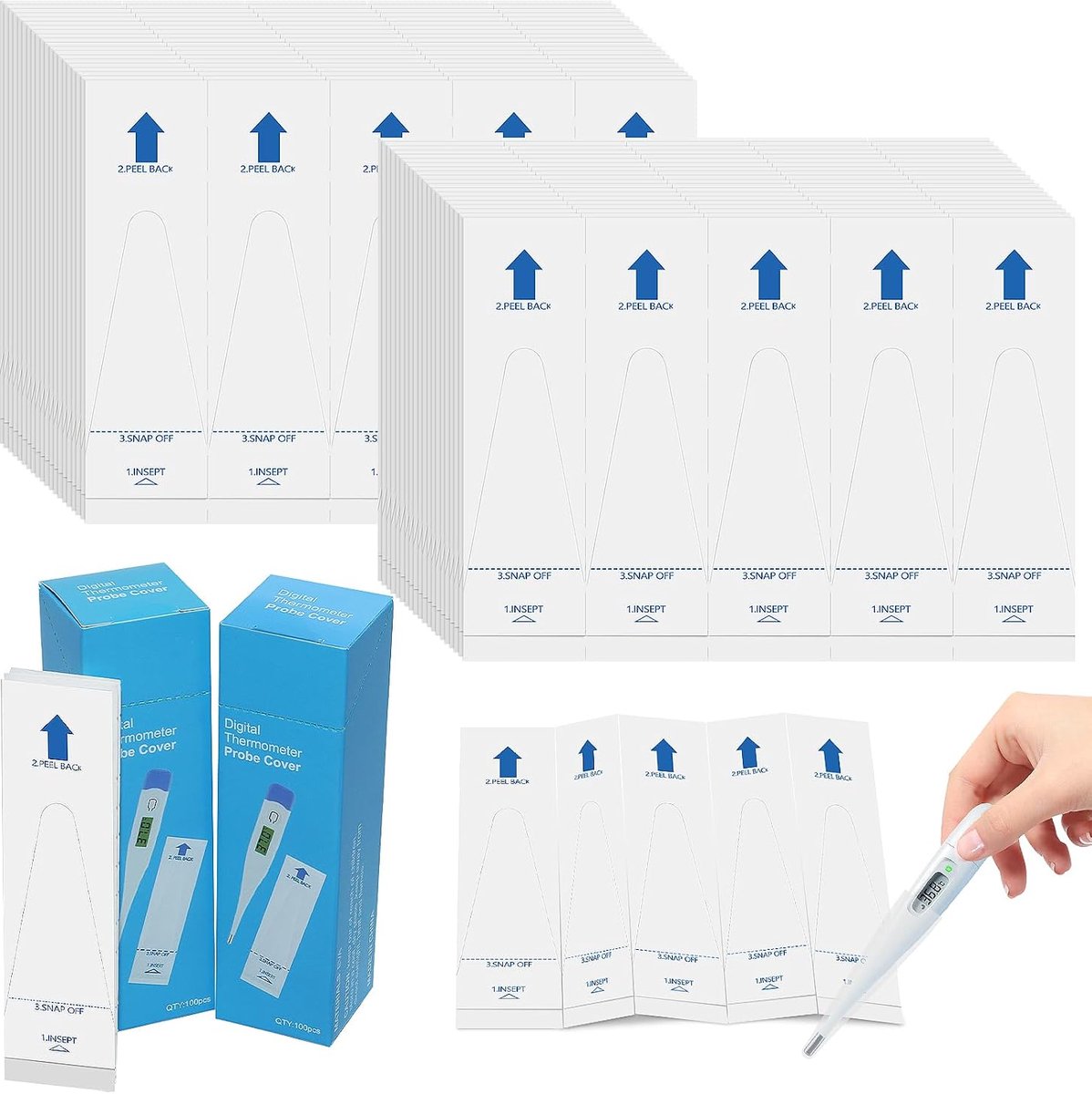 200 Stuks Hygiënehoezen voor Koortsthermometer, Wegwerp Thermometer Beschermhoezen, Thermoscan Beschermkapjes, Universele Elektronische Thermometer Hoezen voor Volwassenen Baby Kinderen