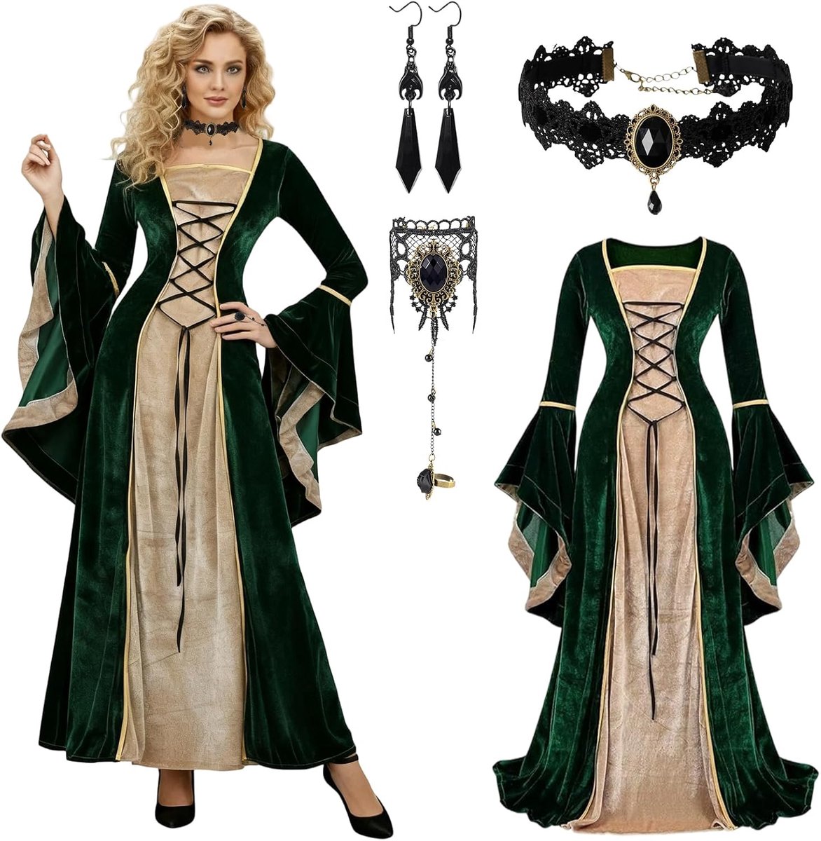 Jurk voor dames, middeleeuwse jurk voor dames met halsketting en oorbellen, renaissance-jurk, middeleeuws kostuum met klokmouwen, kostuum voor Halloween, party, cosplay
