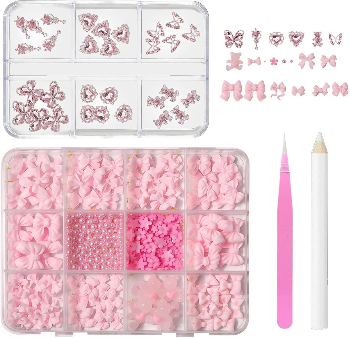 700+ stuks roze nail art bedelset, 3D-strikken, hart, vlinder, kralen, strass-steentjes met wasstift en pincet voor doe-het-zelf nagels, knutselen, resin art, telefoonhoesjes