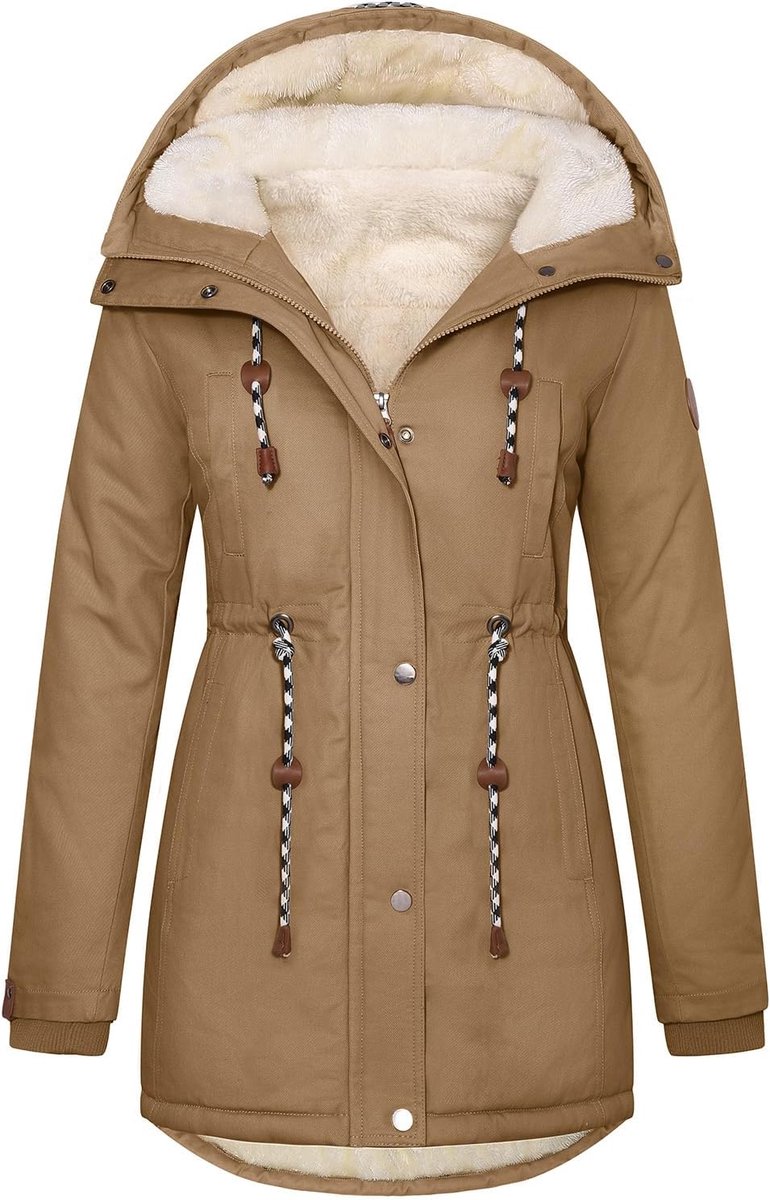 Jassen met fleece voor dames, warme katoenen parka-jassen voor dames, gewatteerde thermische overjas met capuchon en trekkoord, ritssluiting