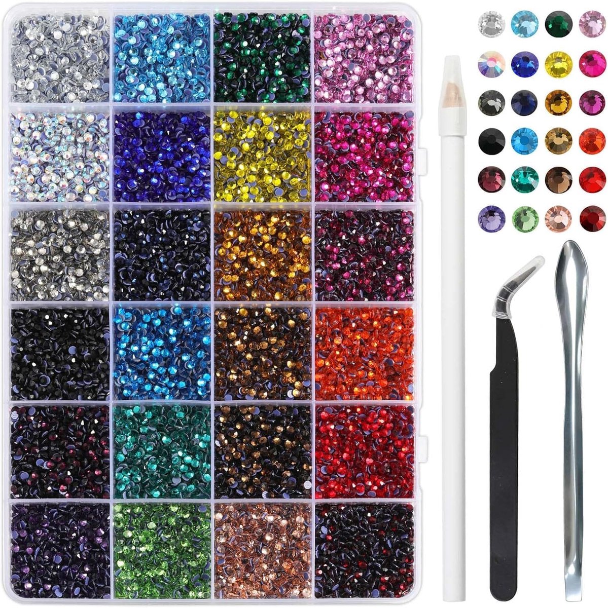 Set van 24 kleuren, harssteentjes met wasstift en pincet, strass-steentjes van kunsthars, 2,7-2,9 mm, voor nail art, gezichtsschilderen, kostuums en andere doe-het-zelf-creaties