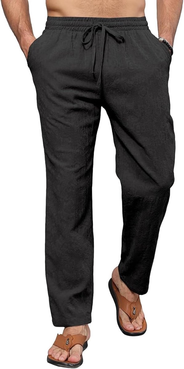 Broek voor heren, linnen, lichte zomerbroek, lange katoenen broek, motief geborduurd, zwart, XL Slank : Amazon.nl: Kleding, schoenen & sieraden