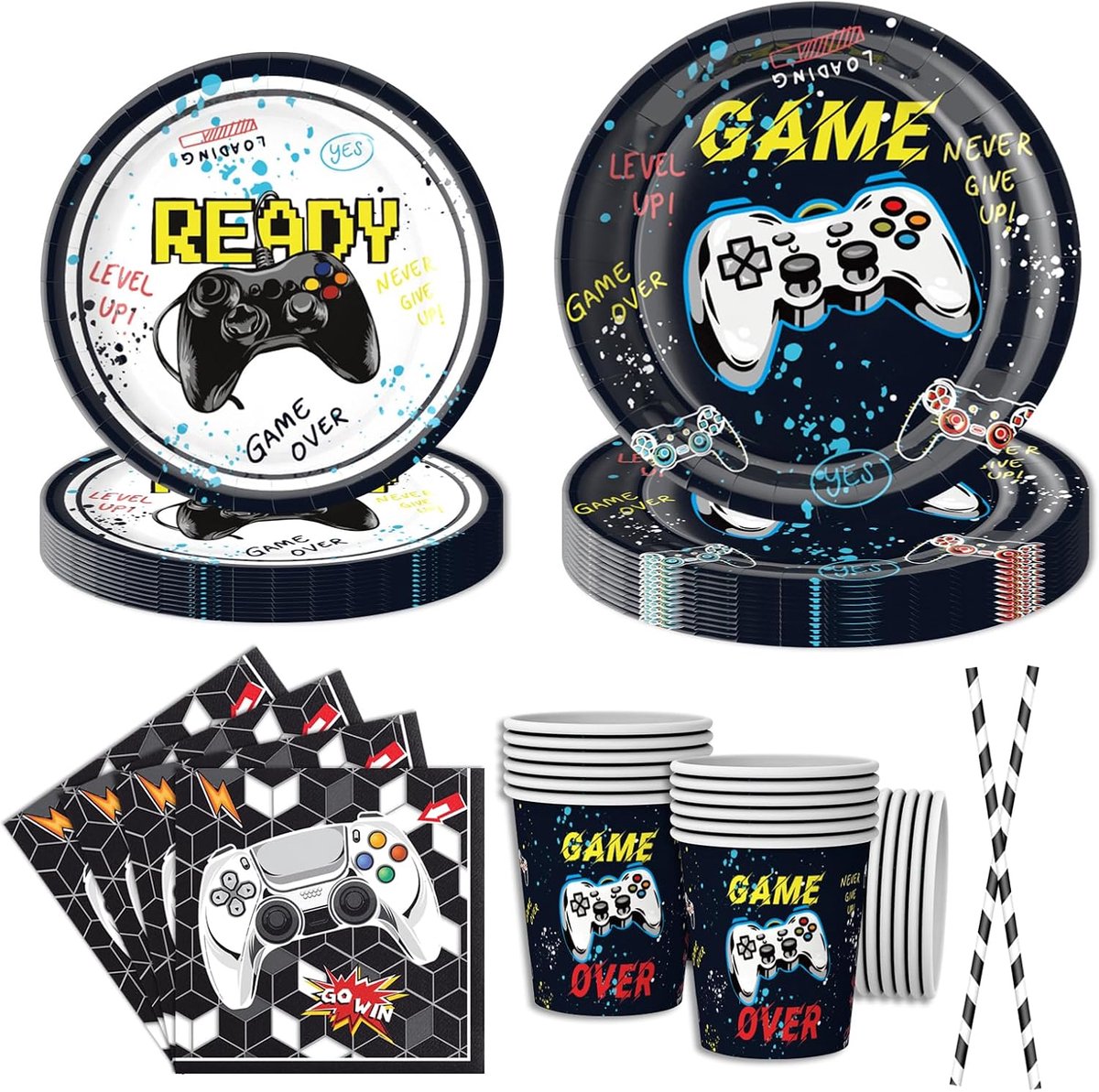 50 stuks videogame partyserviesset, wegwerp gaming feestborden, servetten, papieren rietjes, verjaardag, spaaraccessoires voor jongens, feestborden, voor 10 personen