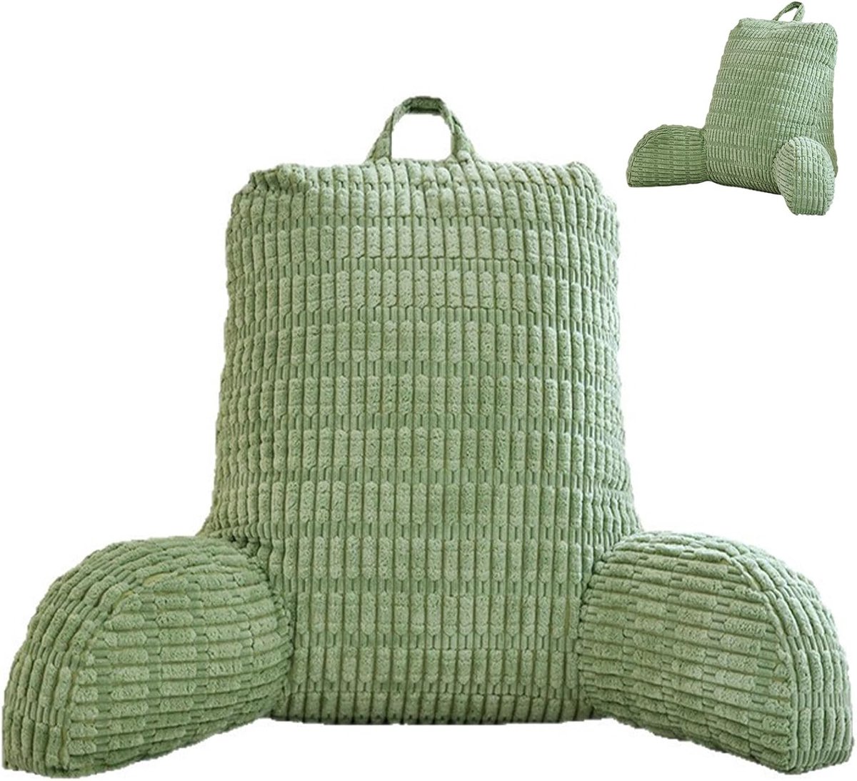 Groot leeskussen met armsteunen voor bed en bank, rugkussen met traagschuimvulling, 75 x 50 x 40 cm, groen