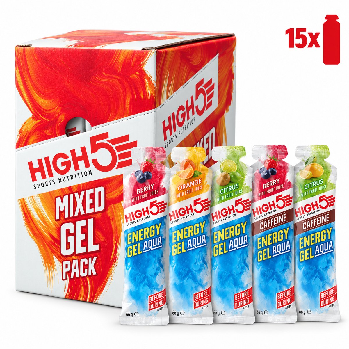 HIGH5 Energy Gel Aqua Mixed Box - 15 x 66 gram - 23 g koolhydraten per gel - Vloeibare energiegel zonder extra water - 8 zonder en 7 met cafeïne - HIGH5