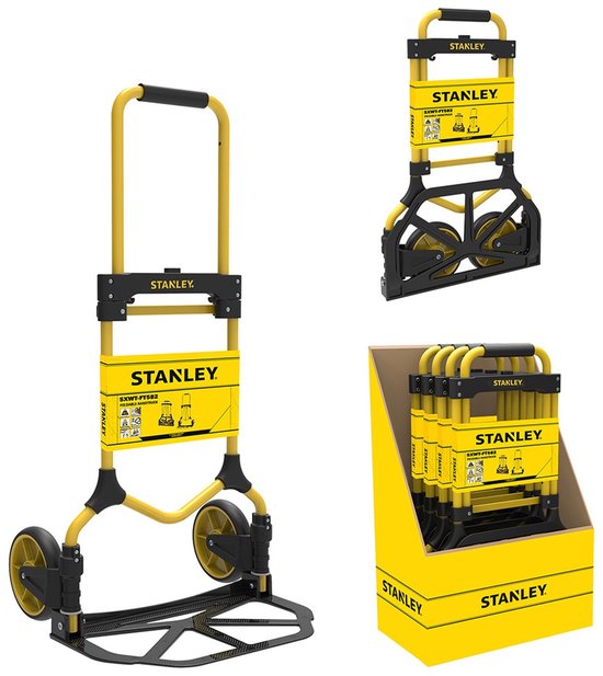 Gele Stanley SXWT-FT582 steekwagen, opvouwbaar, met zwarte wielen en handgreep.