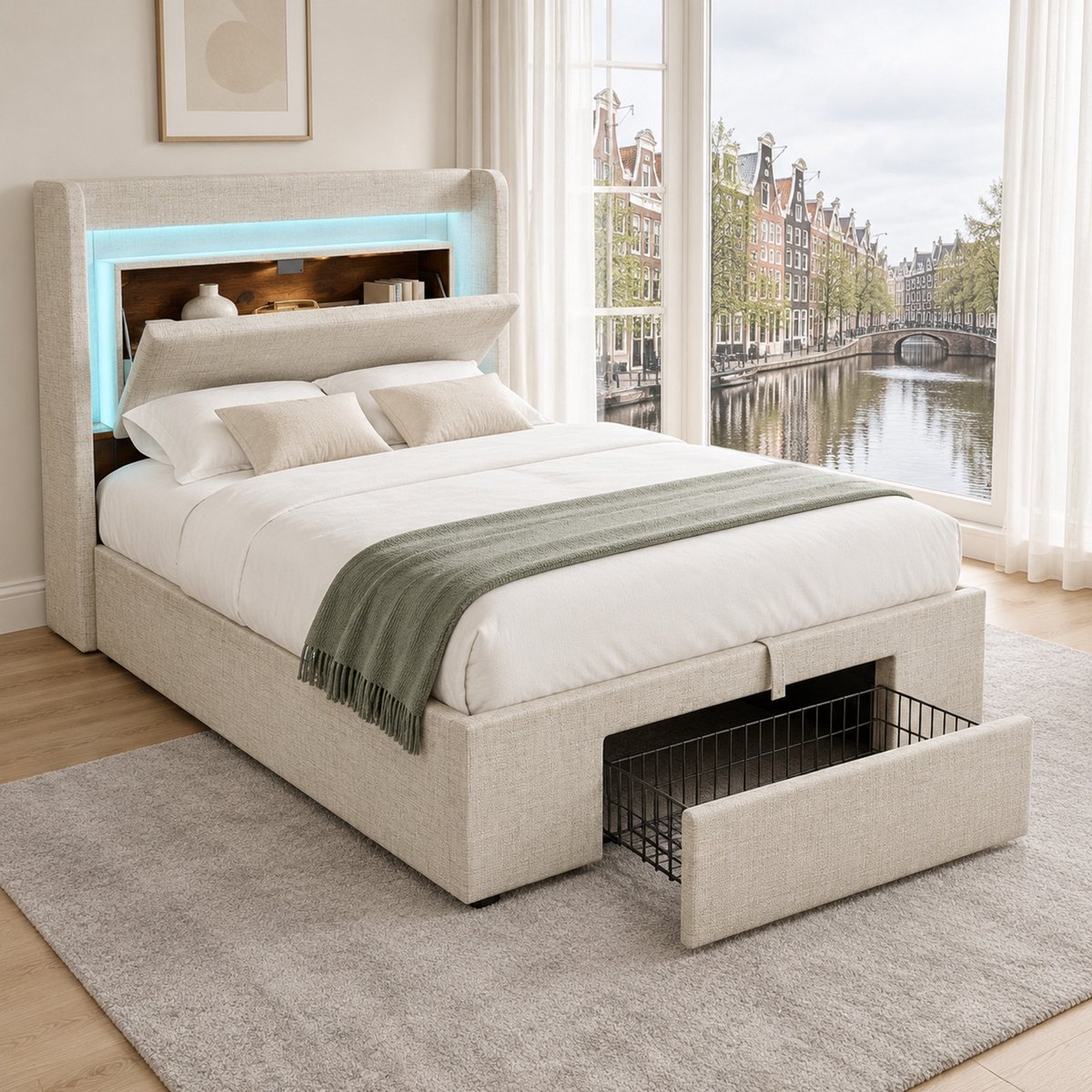 WUVRIE Gestoffeerd bed 90x200 cm met hydraulische opbergruimte, LED, USB/USB-C, inclusief matras, beige