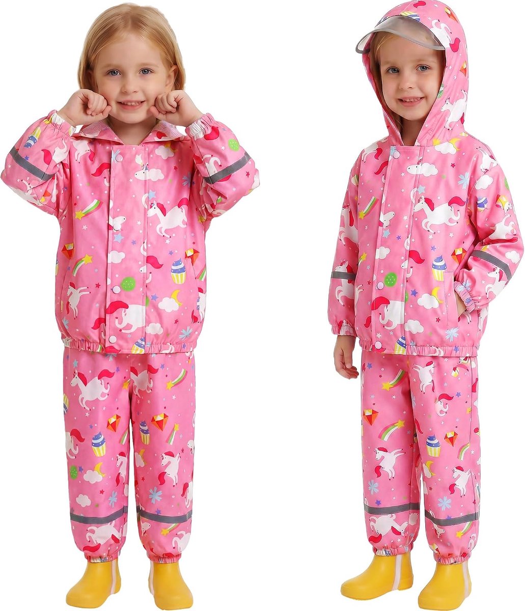 Kinderregenpak unisex jongens meisjes capuchon regenjas en regenbroek set, licht winddicht waterdicht jasje & broek pak, regenjas met reflecterende strepen, 1-7 jaar