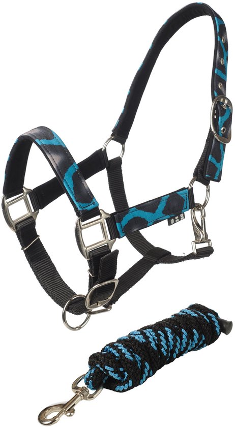 Zwart halster met blauw lijnpatroon, met bijpassend blauw/zwart gevlochten halstouw.