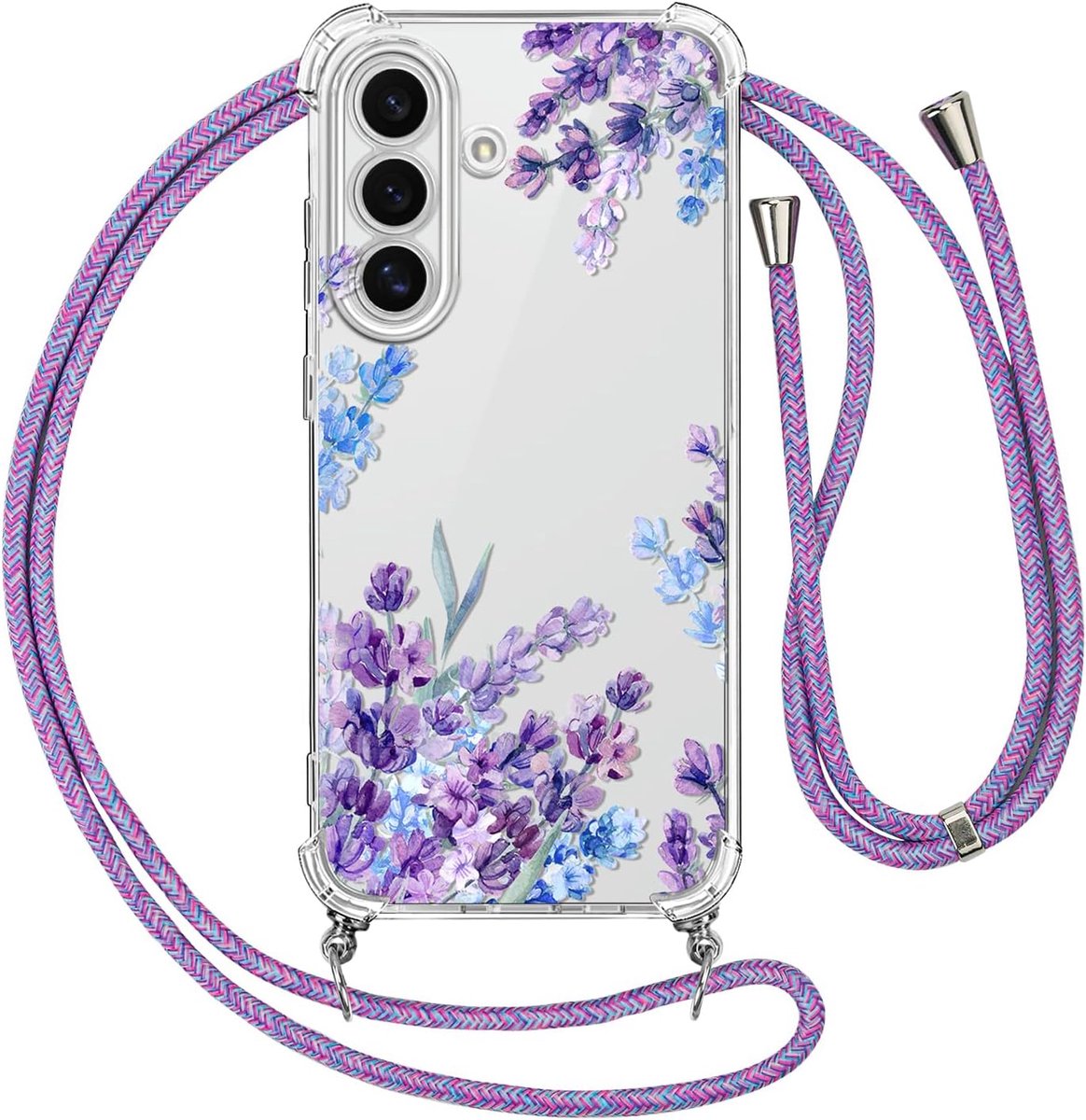 Telefoonhoes met koord voor Samsung Galaxy S25 FE, doorzichtig patroon, bloemen, case, zachte siliconen beschermhoes met koord om om te hangen, halsketting, telefoonhoes voor Samsung S25